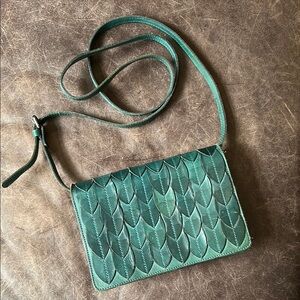 Patricia Nash Lanza Feather Leaves Green Leather Shoulder Bag